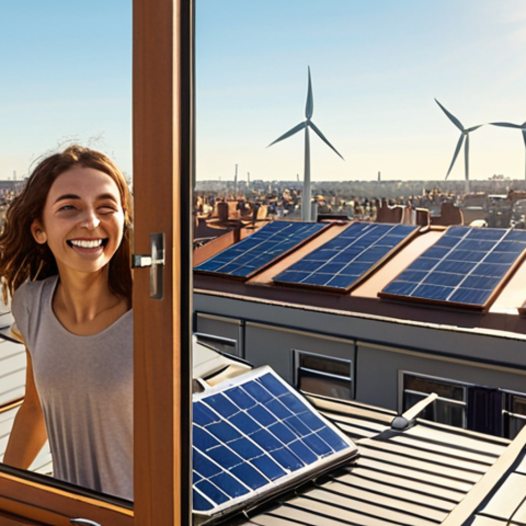 **A vibrant, sun-drenched cityscape where solar panels adorn rooftops and wind turbines gently spin in the distance. The air is visibly clean and fresh, with people smiling and enjoying outdoor activities. In the foreground, a young woman opens her window, taking a deep breath of the revitalized air. The overall atmosphere is one of hope and environmental renewal.**