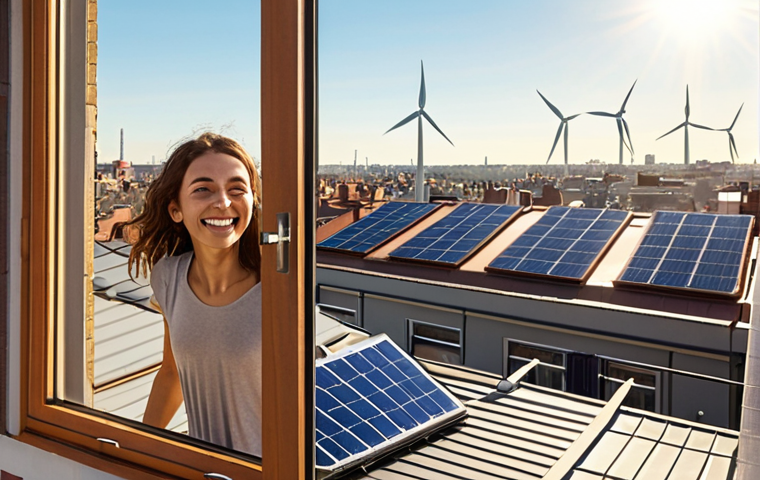 **A vibrant, sun-drenched cityscape where solar panels adorn rooftops and wind turbines gently spin in the distance. The air is visibly clean and fresh, with people smiling and enjoying outdoor activities. In the foreground, a young woman opens her window, taking a deep breath of the revitalized air. The overall atmosphere is one of hope and environmental renewal.**