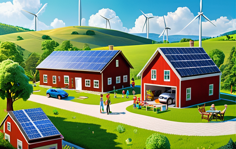 **

A vibrant, diverse smart community showcasing renewable energy sources. In the foreground, a modern farmhouse with solar panels on the roof and an electric vehicle charging nearby. Wind turbines are gently turning in the distance against a backdrop of rolling green hills.  Focus on sustainable living and harmonious integration with nature.  Include diverse people interacting, such as farmers tending crops and children playing in a park powered by a microgrid.  Style: Bright, optimistic, and slightly stylized illustration.

**