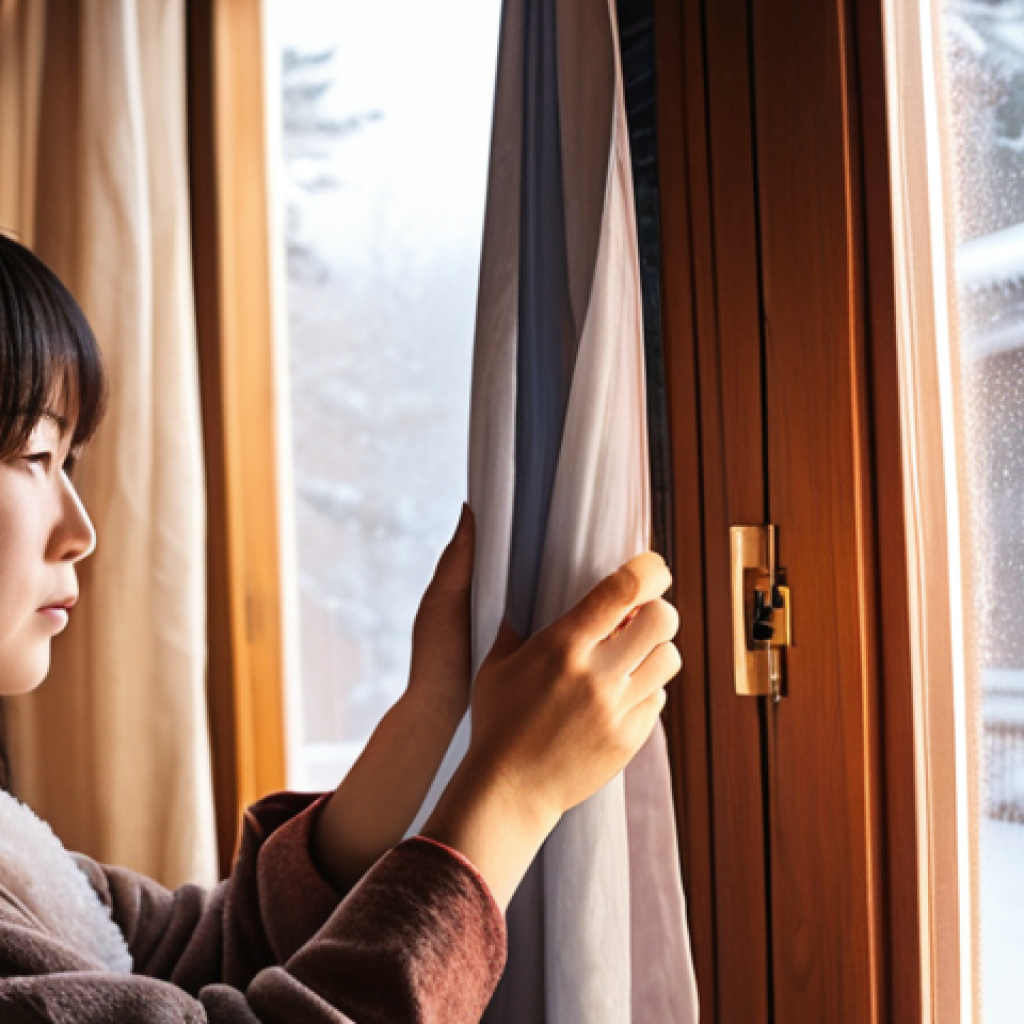 **Image Prompt:** Cozy Japanese home interior during winter. Focus on a window with thermal insulation film applied. A person is adjusting a thick curtain. Soft, warm lighting inside. Emphasis on energy conservation.