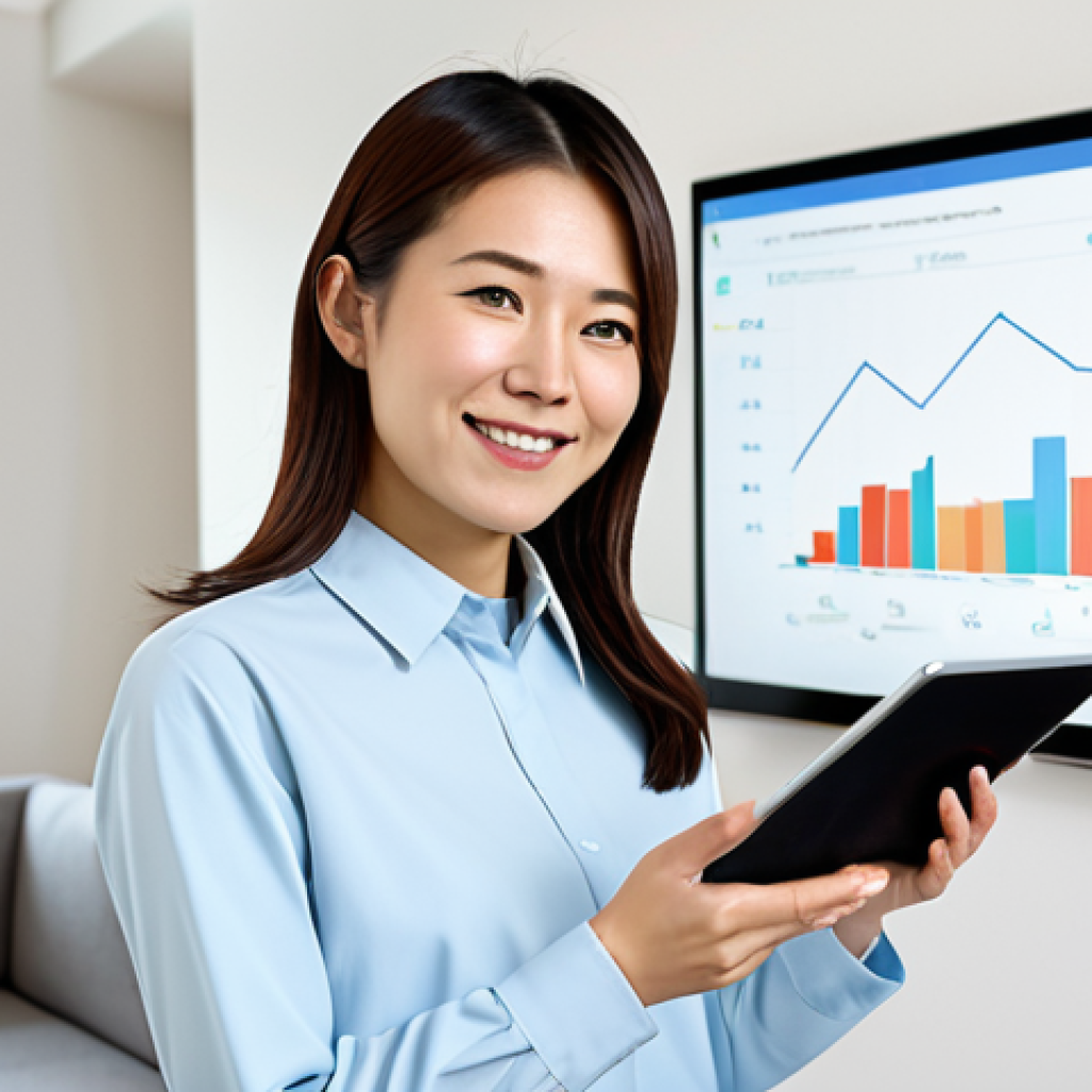 A professional adult Japanese woman in a modest, modern business casual outfit, standing in a brightly lit, clean living room. She holds a tablet displaying a clear graph of significant energy savings, pointing to it with a well-formed hand. In the background, a subtle, clean illustration or diagram representing a ground-source heat pump system is visible. The overall atmosphere is calm, informative, and optimistic. Perfect anatomy, correct proportions, natural pose, proper finger count, natural body proportions. Safe for work, appropriate content, fully clothed, professional, family-friendly.