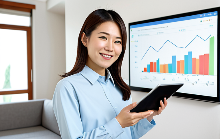 A professional adult Japanese woman in a modest, modern business casual outfit, standing in a brightly lit, clean living room. She holds a tablet displaying a clear graph of significant energy savings, pointing to it with a well-formed hand. In the background, a subtle, clean illustration or diagram representing a ground-source heat pump system is visible. The overall atmosphere is calm, informative, and optimistic. Perfect anatomy, correct proportions, natural pose, proper finger count, natural body proportions. Safe for work, appropriate content, fully clothed, professional, family-friendly.