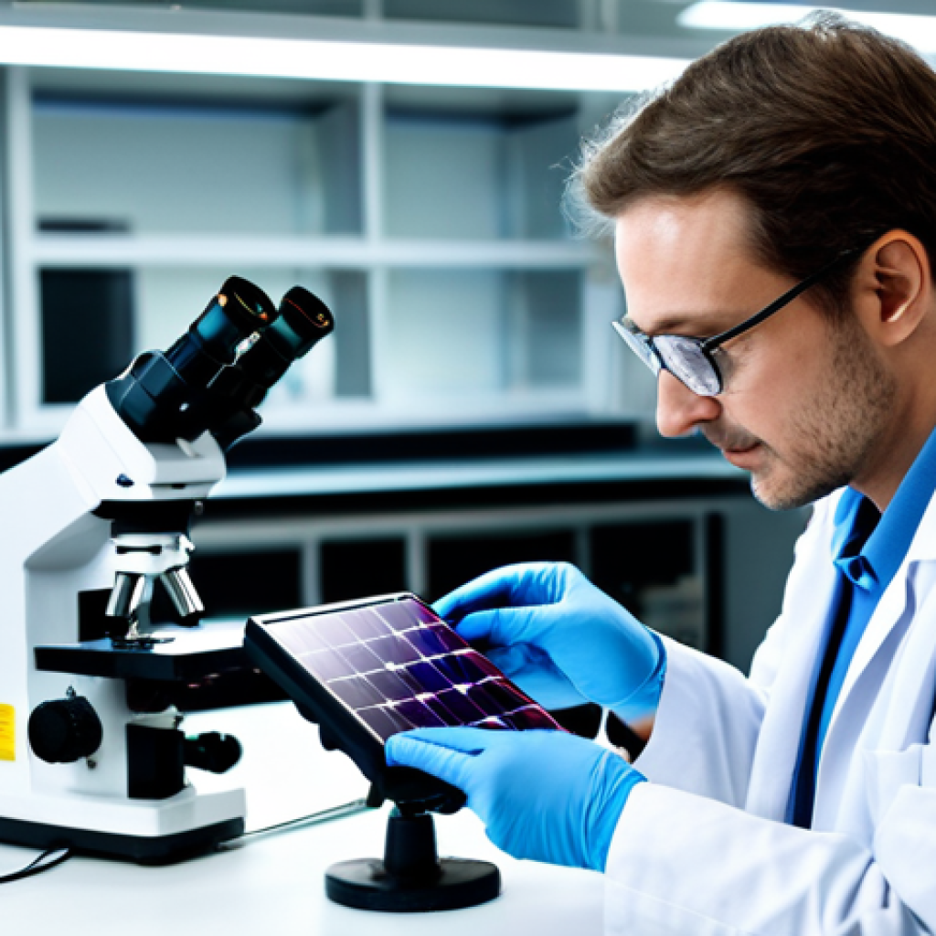 **

A research laboratory filled with scientists in lab coats working on perovskite solar cells. Close-up shot of a scientist examining a solar cell under a microscope. Background shows advanced equipment and data displays. Focus on innovation and technology. Fully clothed, appropriate attire, safe for work, perfect anatomy, natural proportions, professional, high quality, well-lit environment.

**