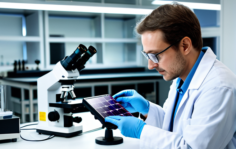 **

A research laboratory filled with scientists in lab coats working on perovskite solar cells. Close-up shot of a scientist examining a solar cell under a microscope. Background shows advanced equipment and data displays. Focus on innovation and technology. Fully clothed, appropriate attire, safe for work, perfect anatomy, natural proportions, professional, high quality, well-lit environment.

**