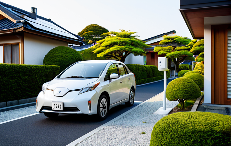 탈탄소화 전략과 대체에너지 - **Prompt:** A serene, modern Japanese suburban neighborhood bathed in the warm, soft glow of the gol...