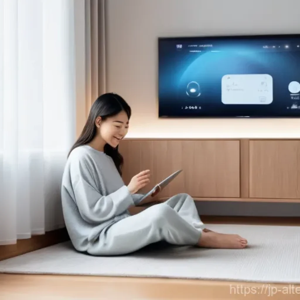 전력 소비 최적화 - **Prompt:** A cozy, modern living room bathed in natural light, with a young Japanese woman, wearing...