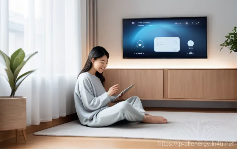 전력 소비 최적화 - **Prompt:** A cozy, modern living room bathed in natural light, with a young Japanese woman, wearing...