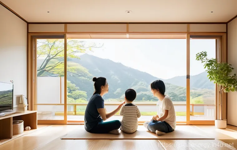 재생 가능 에너지 보조금 - **Prompt:** A heartwarming scene inside a modern, energy-efficient Japanese home on a sunny day. Sun...