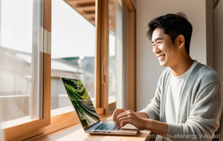 태양광 발전 시스템 - **Prompt:** A cozy, modern Japanese home interior bathed in warm, natural sunlight. A young Japanese...