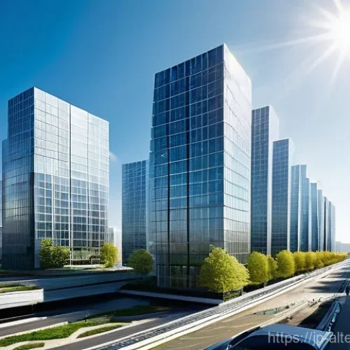 Home 14 대체에너지 시장에 대한 예측 - **Prompt:** A futuristic, bright cityscape under a clear blue sky, showcasing advanced Building-Inte...