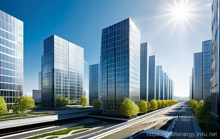 대체에너지 시장에 대한 예측 - **Prompt:** A futuristic, bright cityscape under a clear blue sky, showcasing advanced Building-Inte...